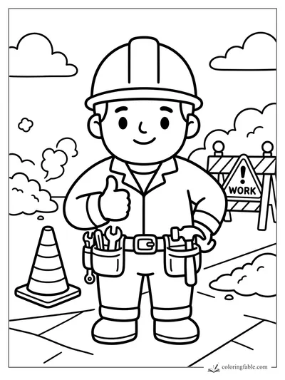 Smiling child builder in a hard hat with tool belt, cone, and work sign coloring page