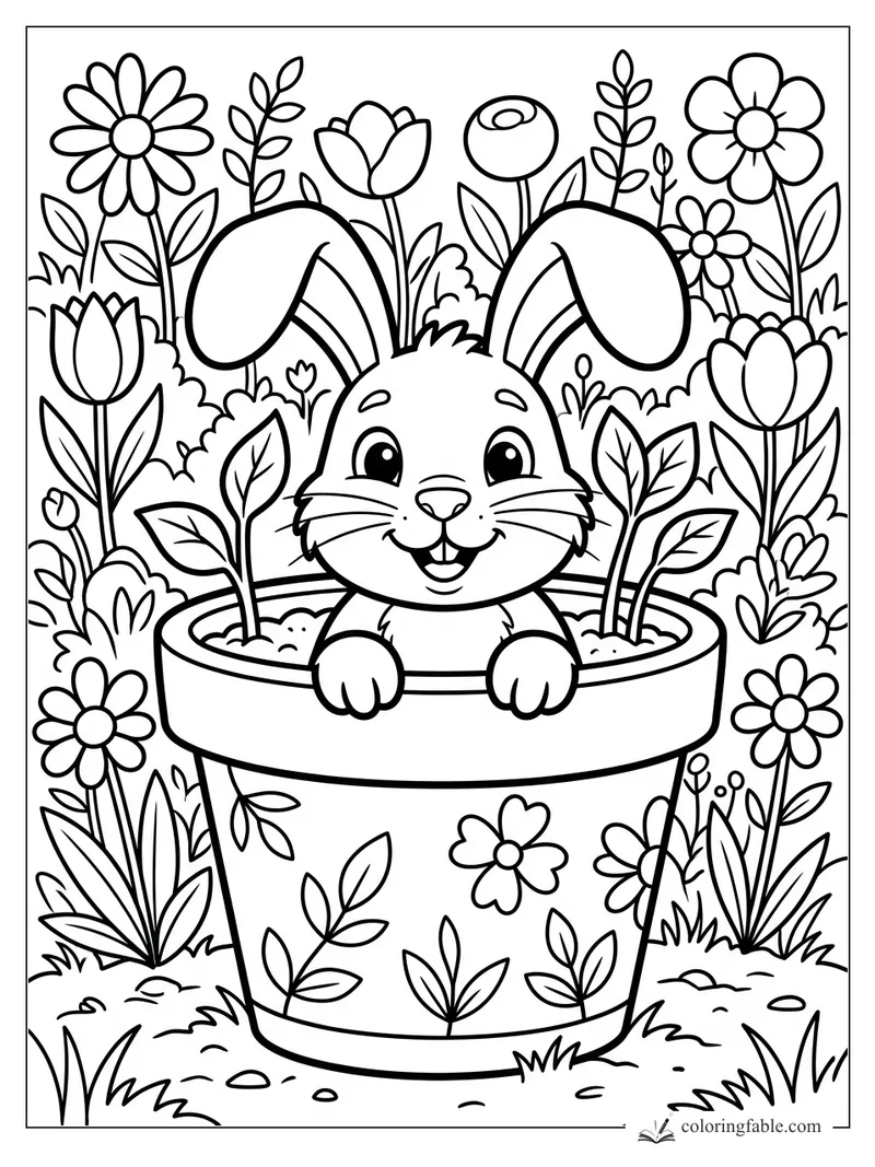 Smiling bunny peeking from a flowerpot, surrounded by tulips, daisies, leaves, and tall garden stems.