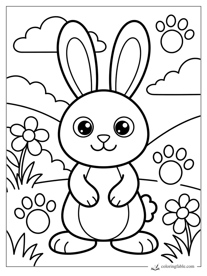 Bold easy rabbit coloring page with a smiling bunny, flowers, clouds, hills, and paw prints.