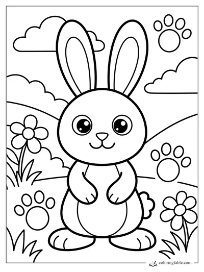Bold easy rabbit coloring page with a smiling bunny, flowers, clouds, hills, and paw prints.