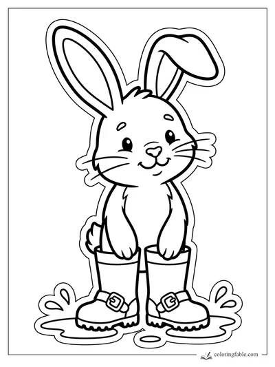 Smiling bunny sticker coloring page with one tall ear, one floppy ear, big rain boots, and puddle splashes.