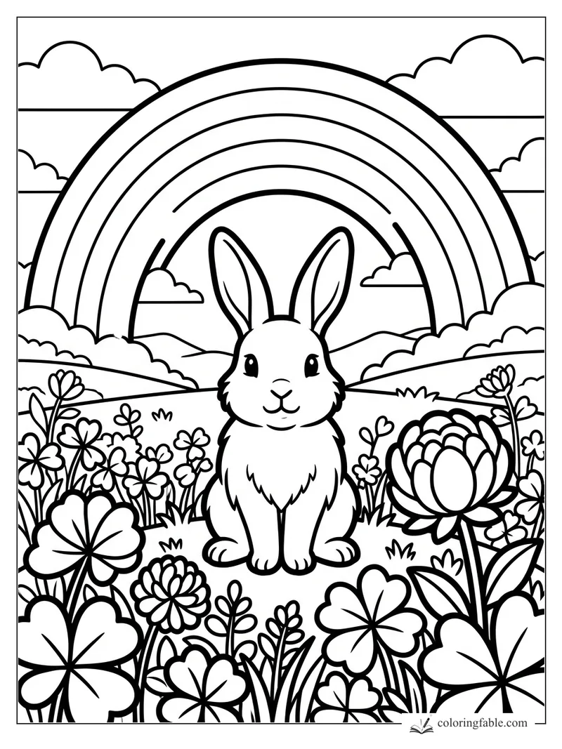 Easy coloring page of a smiling bunny in flowers beneath a large rainbow and clouds