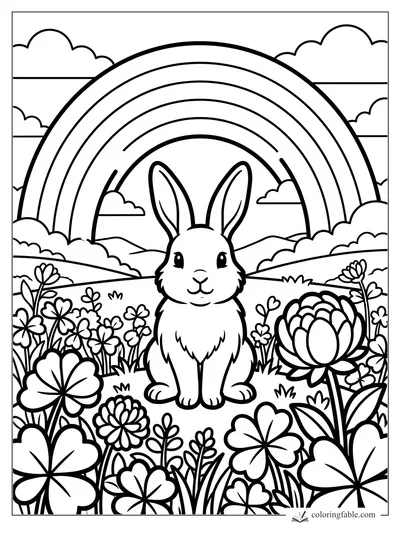 Easy coloring page of a smiling bunny in flowers beneath a large rainbow and clouds