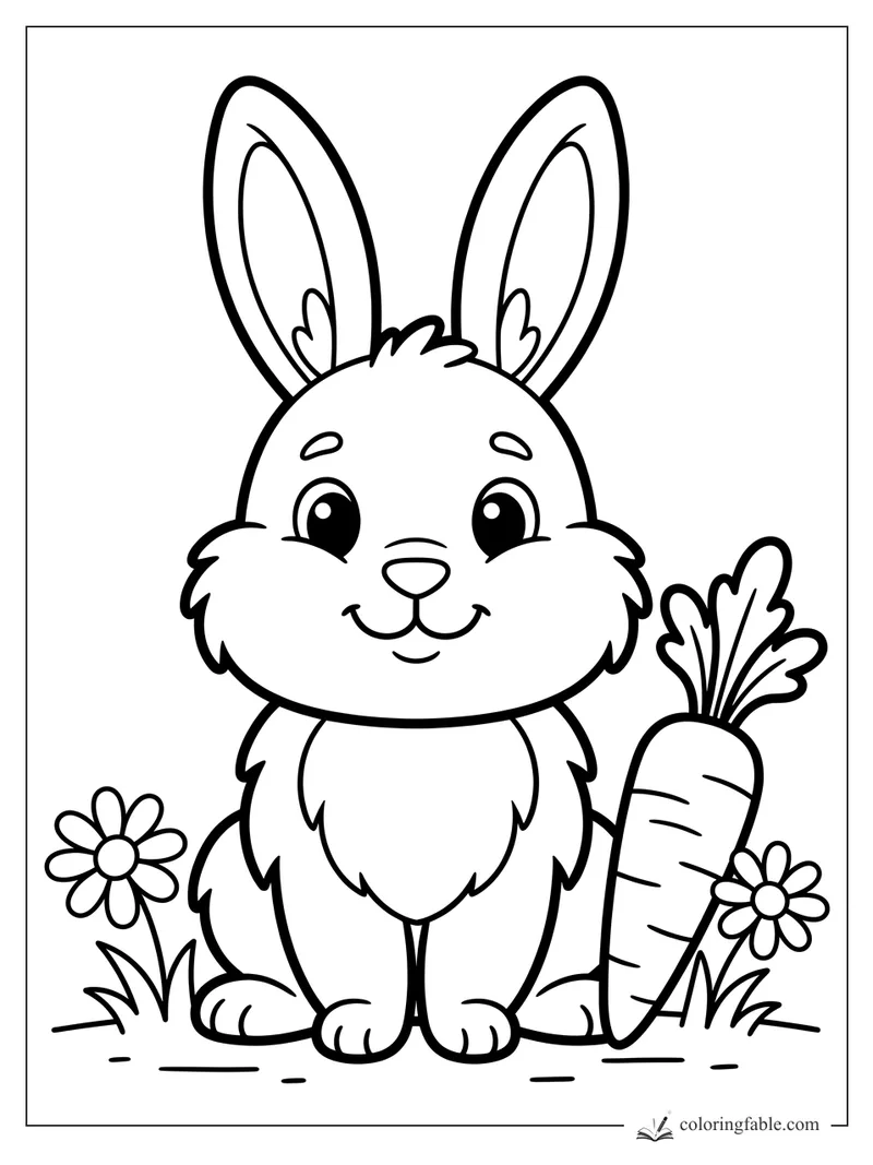 Cartoon rabbit smiling beside a tall carrot, grass, and two daisies coloring page