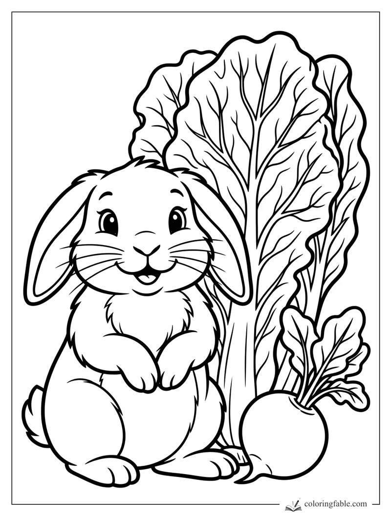 Smiling bunny beside tall leafy beet greens and a round beet coloring page