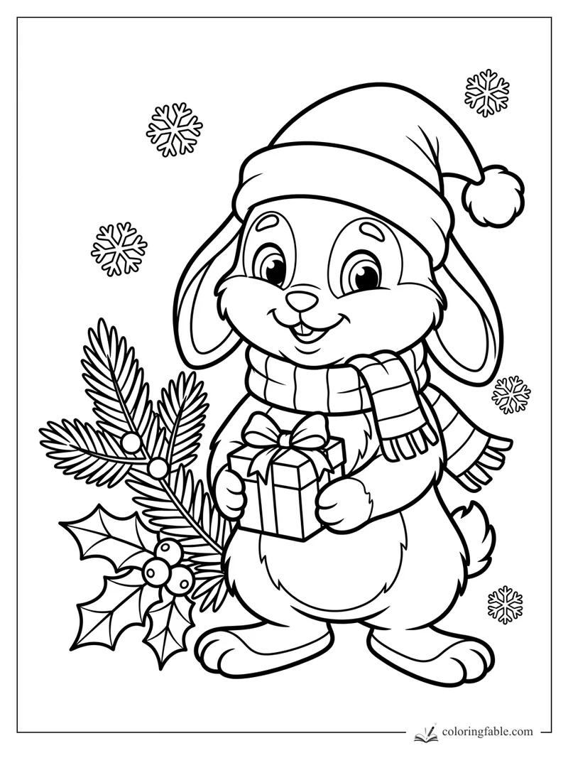 Cartoon rabbit in a Santa hat and scarf holding a wrapped gift beside holly, pine branches, and snowflakes.