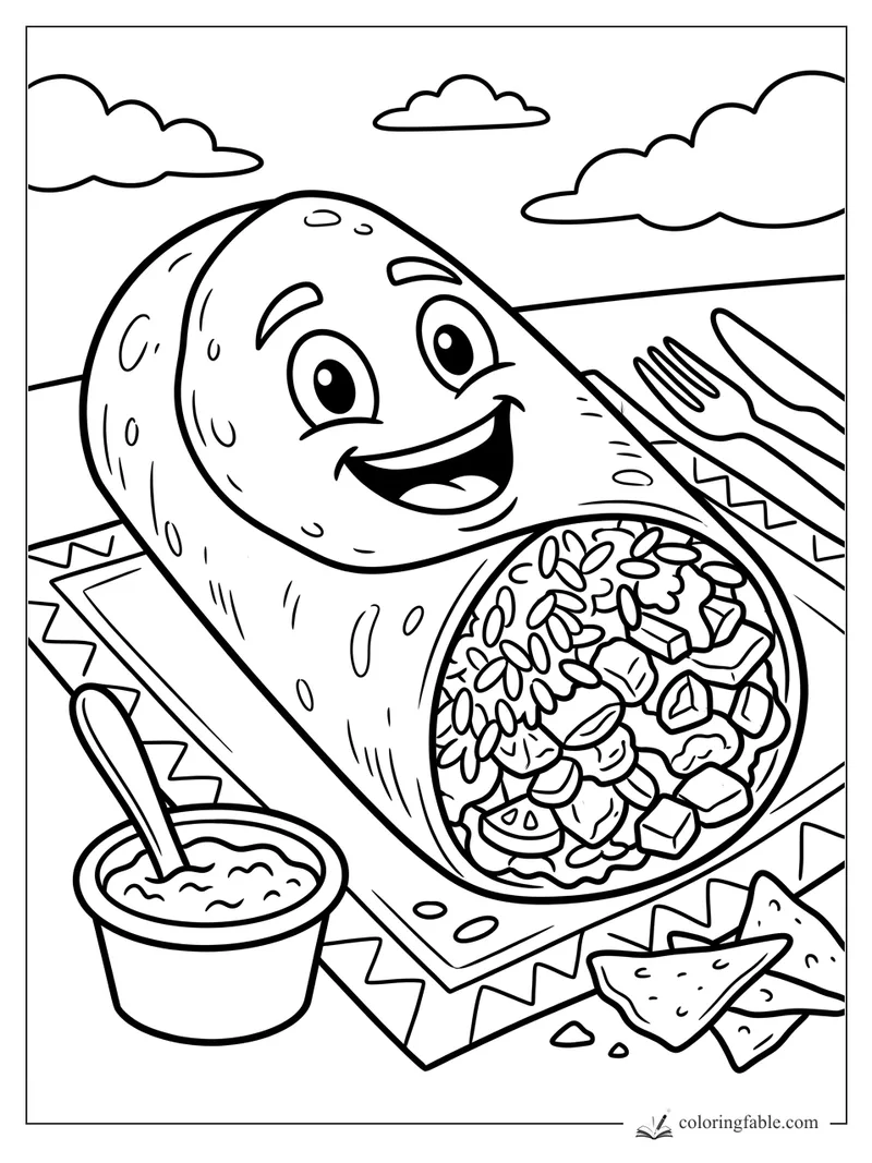 Cartoon smiling burrito with rice filling, sauce cup, chips, fork and knife on a tray under clouds