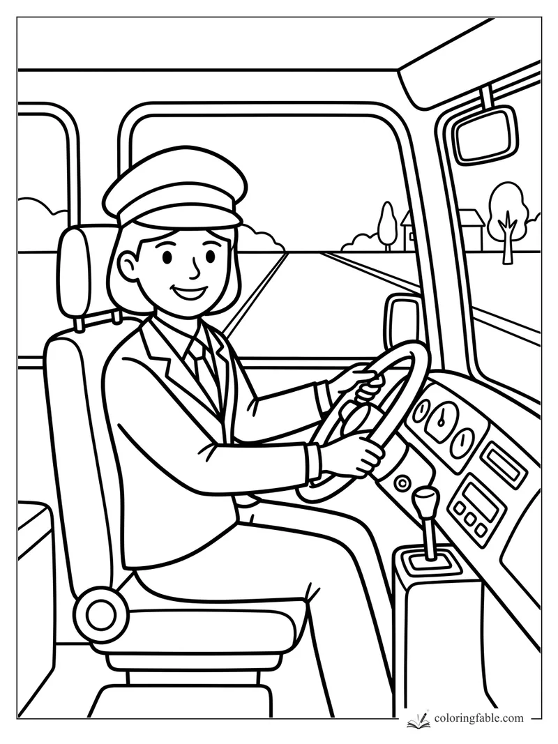 Girl bus driver smiling at the wheel with dashboard buttons, mirrors, seats, and road ahead