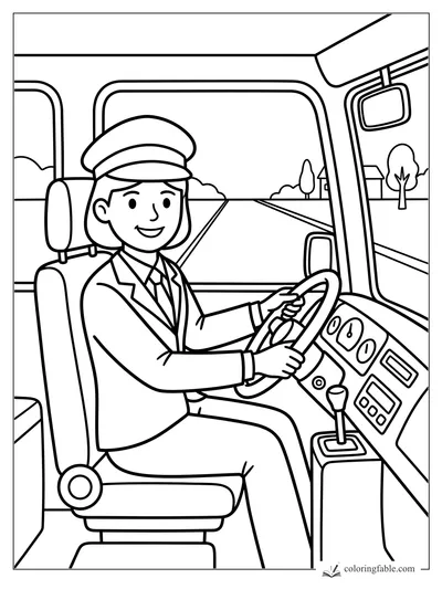 Girl bus driver smiling at the wheel with dashboard buttons, mirrors, seats, and road ahead