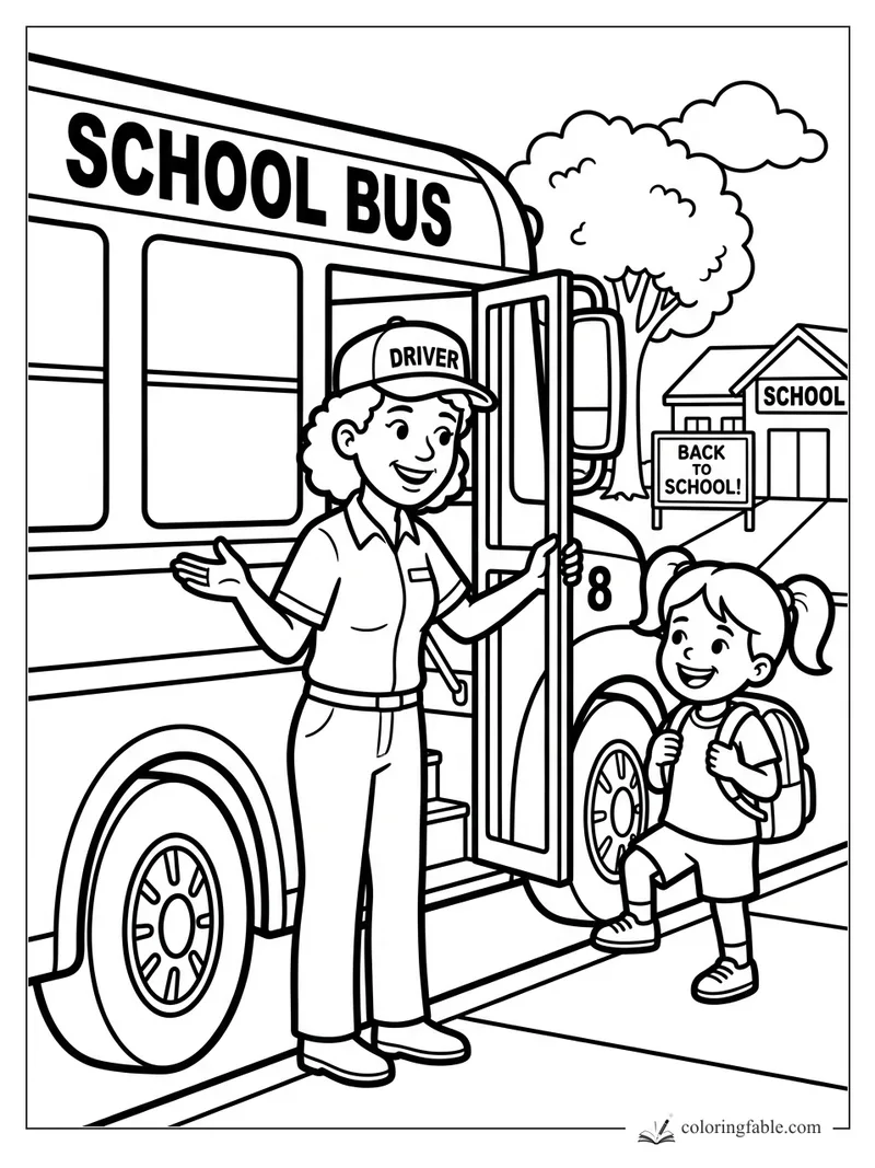 School bus driver opens the door for a smiling girl with a backpack outside school.