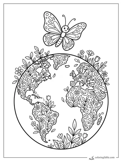 Cartoon butterfly flying over a globe filled with leafy continents and flowers.