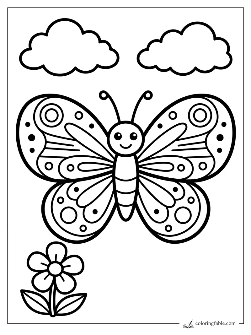 Cartoon butterfly with patterned wings, two clouds, and a small flower below