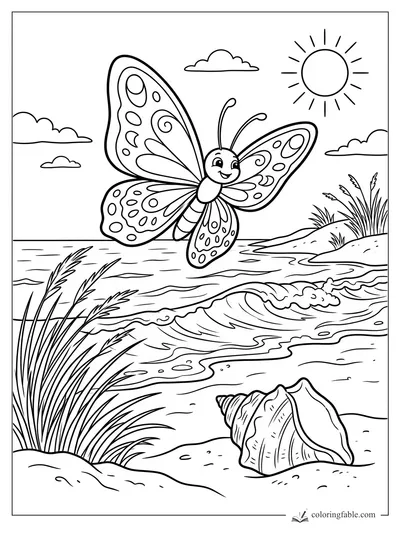 Cartoon butterfly flying over ocean waves, beach grass, seashell, clouds, and sun