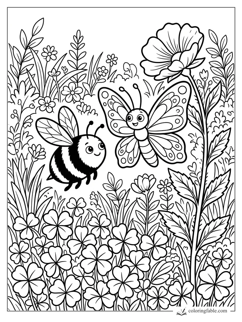 Cartoon butterfly and bumblebee flying above clover flowers, leafy stems, and one tall blossom.