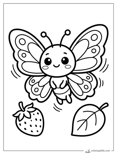 Kawaii butterfly flying between a spotted strawberry and a veined leaf coloring page