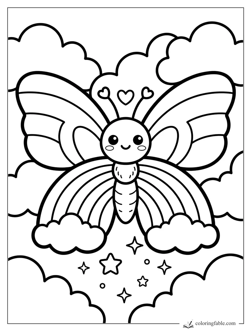 Kawaii butterfly with heart antennae flying above a rainbow, clouds, and stars