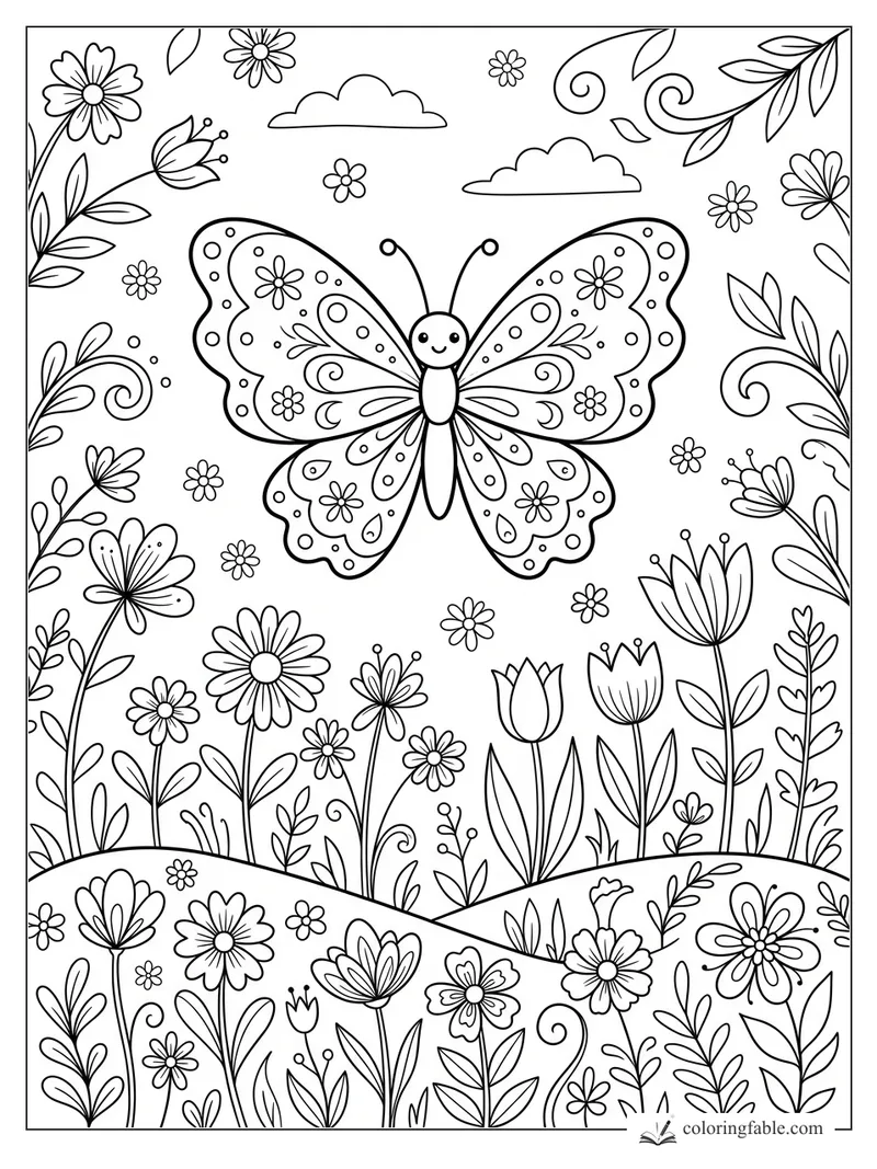 Kawaii butterfly with patterned wings flying above a floral meadow with daisies, tulips, vines, and clouds.