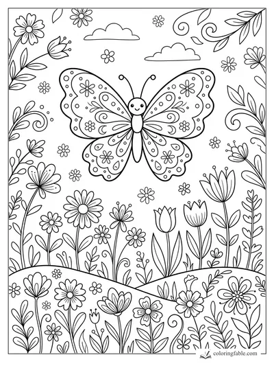 Kawaii butterfly with patterned wings flying above a floral meadow with daisies, tulips, vines, and clouds.