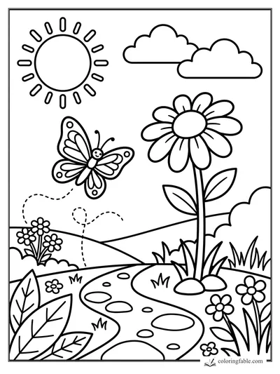 Easy butterfly coloring page with sun, clouds, daisies, winding path, grass, and dotted flight trail.