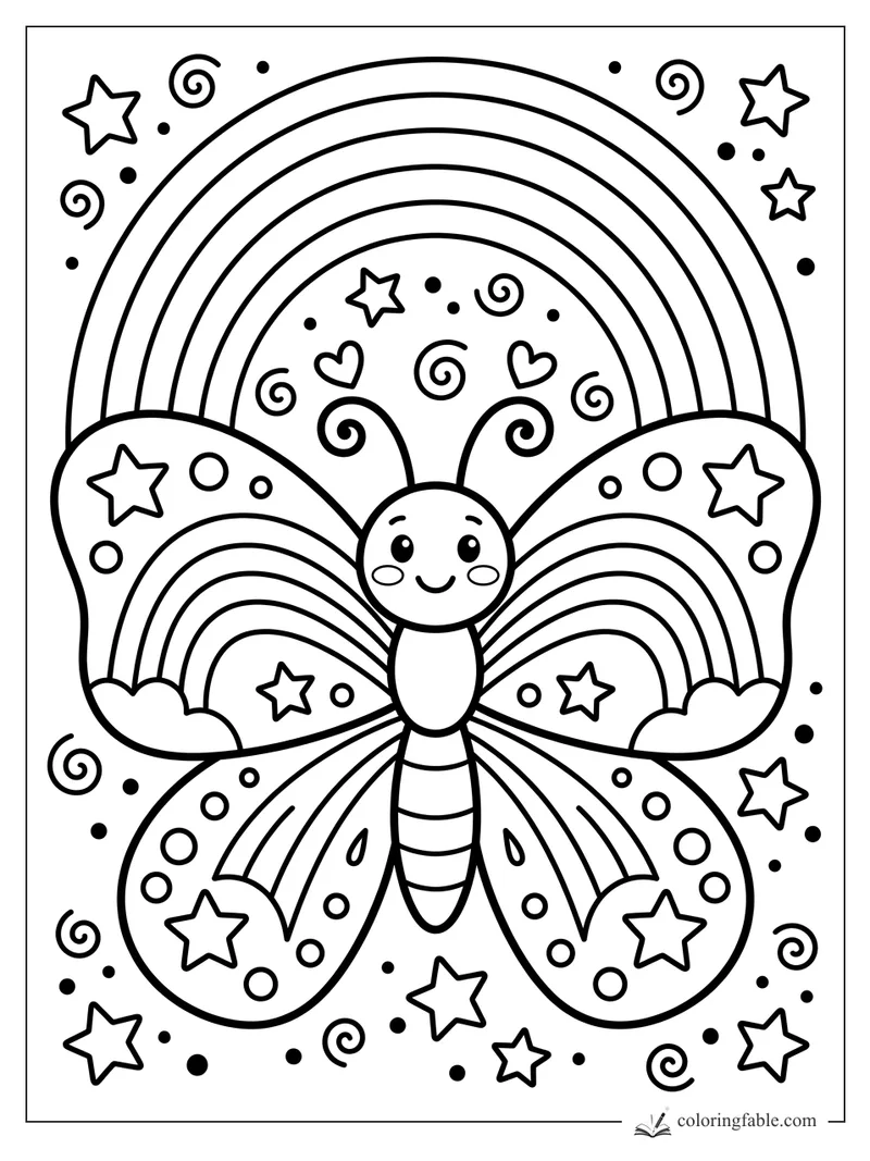 Cartoon butterfly with rainbow-striped wings, stars, hearts, swirls, and a big rainbow overhead.