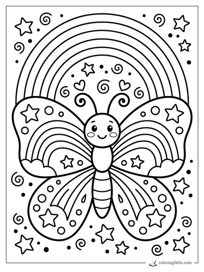 Cartoon butterfly with rainbow-striped wings, stars, hearts, swirls, and a big rainbow overhead.
