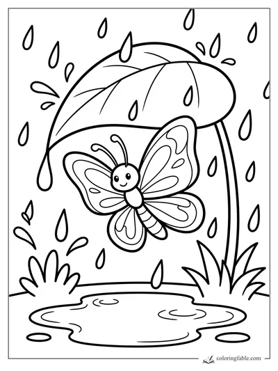 Smiling butterfly sheltered by a large leaf umbrella above a puddle in the rain