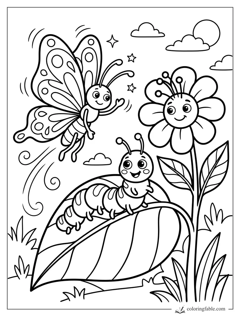 Cartoon butterfly waving to a caterpillar on a large leaf beside a smiling flower, clouds, sun, and stars
