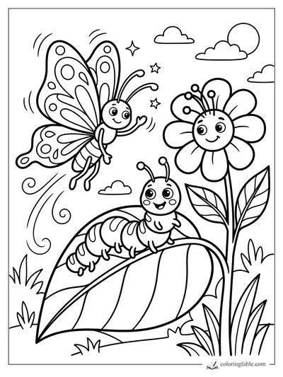 Cartoon butterfly waving to a caterpillar on a large leaf beside a smiling flower, clouds, sun, and stars