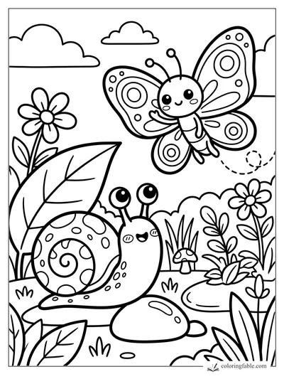 Kawaii butterfly with patterned wings flying above a smiling snail, flowers, leaves, clouds, and mushrooms.
