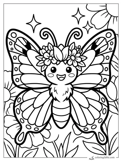 Cartoon butterfly with flower crown, patterned wings, stars, sun, and garden flowers coloring page