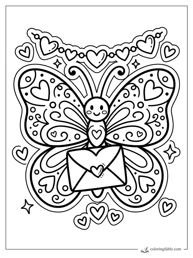 Sticker-style butterfly holding a heart-sealed envelope with hearts, swirls, dots, and a heart garland.