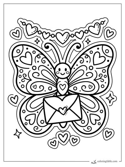 Sticker-style butterfly holding a heart-sealed envelope with hearts, swirls, dots, and a heart garland.
