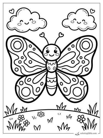 Easy butterfly coloring page with heart antennae, patterned wings, clouds, flowers, and grass.