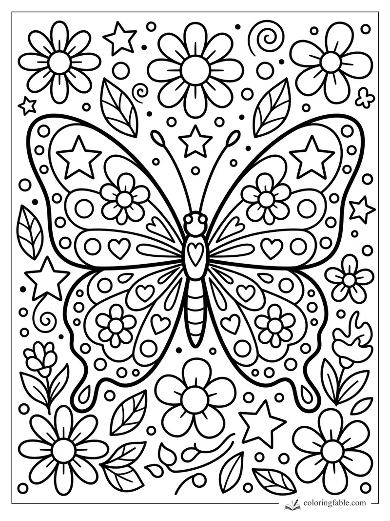 Easy coloring page of a smiling butterfly with heart wings, daisies, stars, leaves, dots, and swirls.