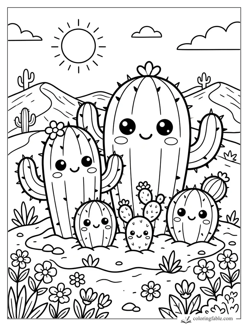 Kawaii cactus family with flowers, sun, clouds, hills, and desert plants coloring page