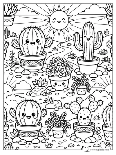 Kawaii desert garden with smiling potted cacti, succulents, rocks, clouds, and a radiant sun.