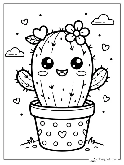 Kawaii cactus with a flower, heart leaf, side arms, clouds, and a polka-dot pot