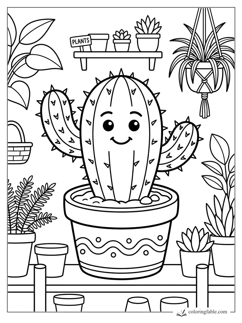 Smiling cactus with spiky arms in a decorated pot, surrounded by potted plants and a hanging planter.