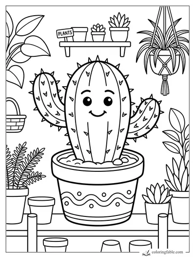 Smiling cactus with spiky arms in a decorated pot, surrounded by potted plants and a hanging planter.