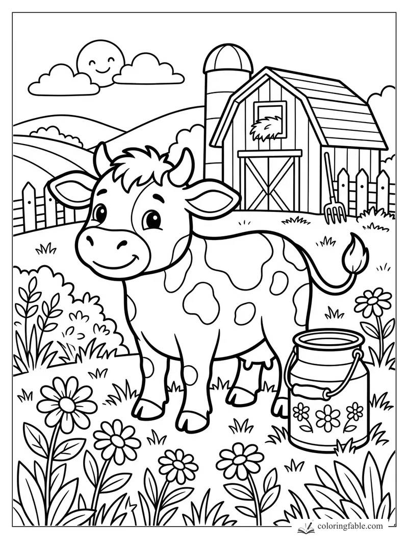 Cute spotted calf in a flower field beside a barn, silo, pitchfork, fence, and smiling sun