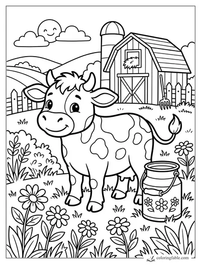 Cute spotted calf in a flower field beside a barn, silo, pitchfork, fence, and smiling sun