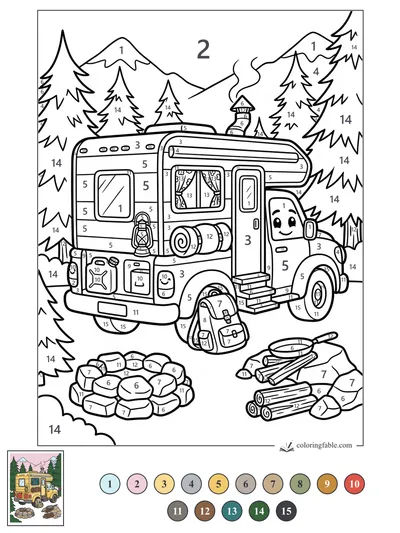Smiling Camper Truck at a Mountain Campsite — color by number