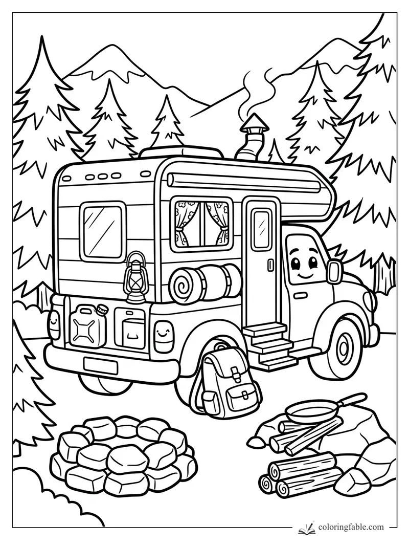 Cartoon camper truck with a smiling cab, backpack, fire ring, logs, pan, pines, and snowy mountains.