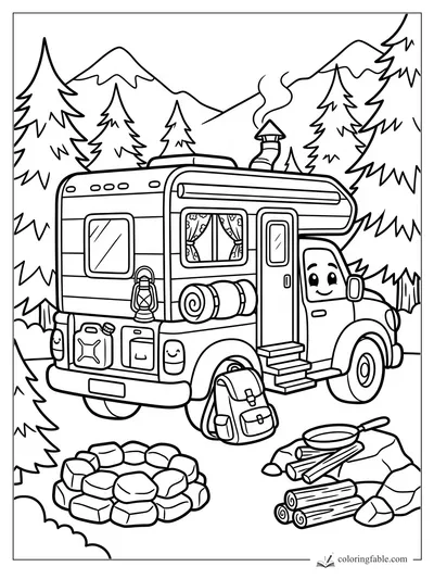 Cartoon camper truck with a smiling cab, backpack, fire ring, logs, pan, pines, and snowy mountains.