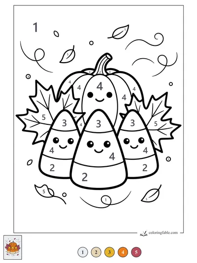 Smiling Candy Corn Friends Under a Pumpkin — color by number