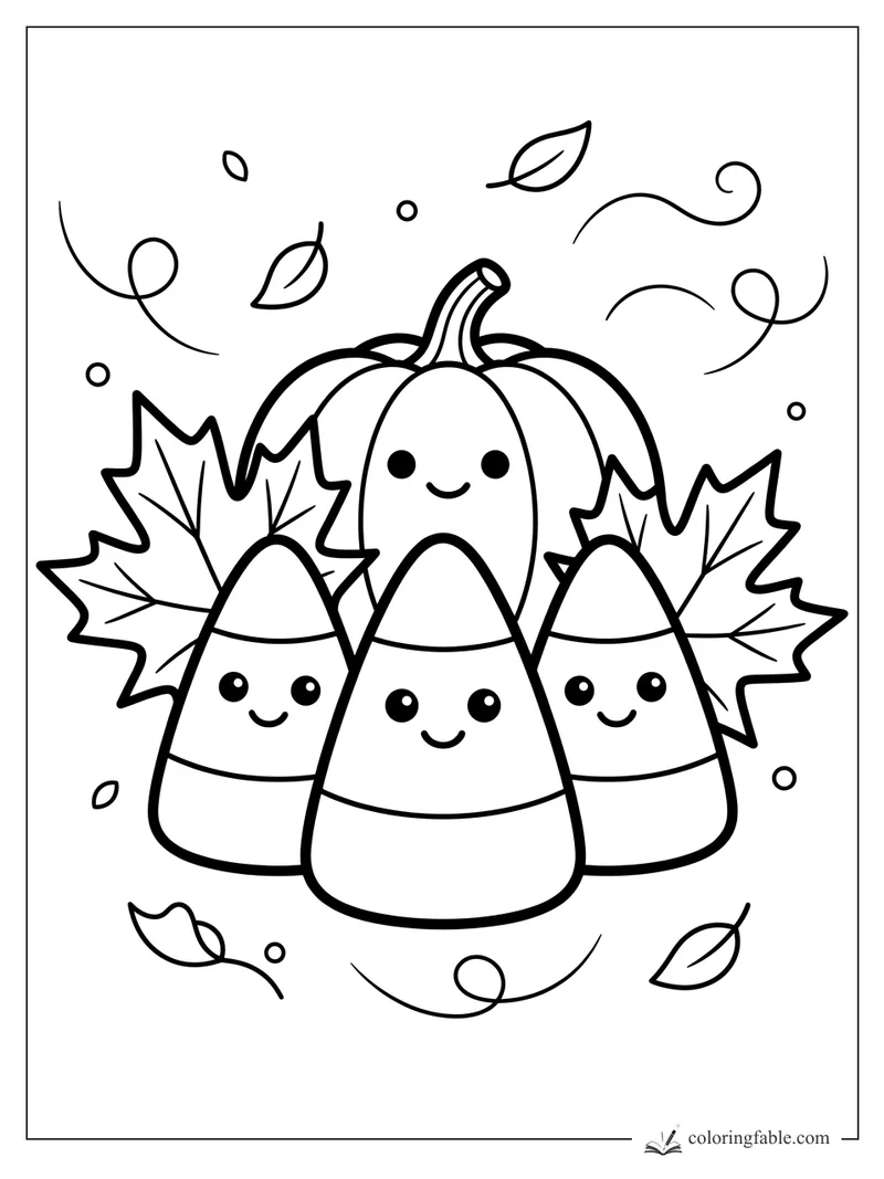 Three smiling candy corn characters with a pumpkin, maple leaves, dots, and curly fall wind lines.