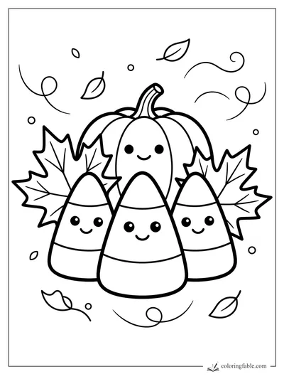 Three smiling candy corn characters with a pumpkin, maple leaves, dots, and curly fall wind lines.