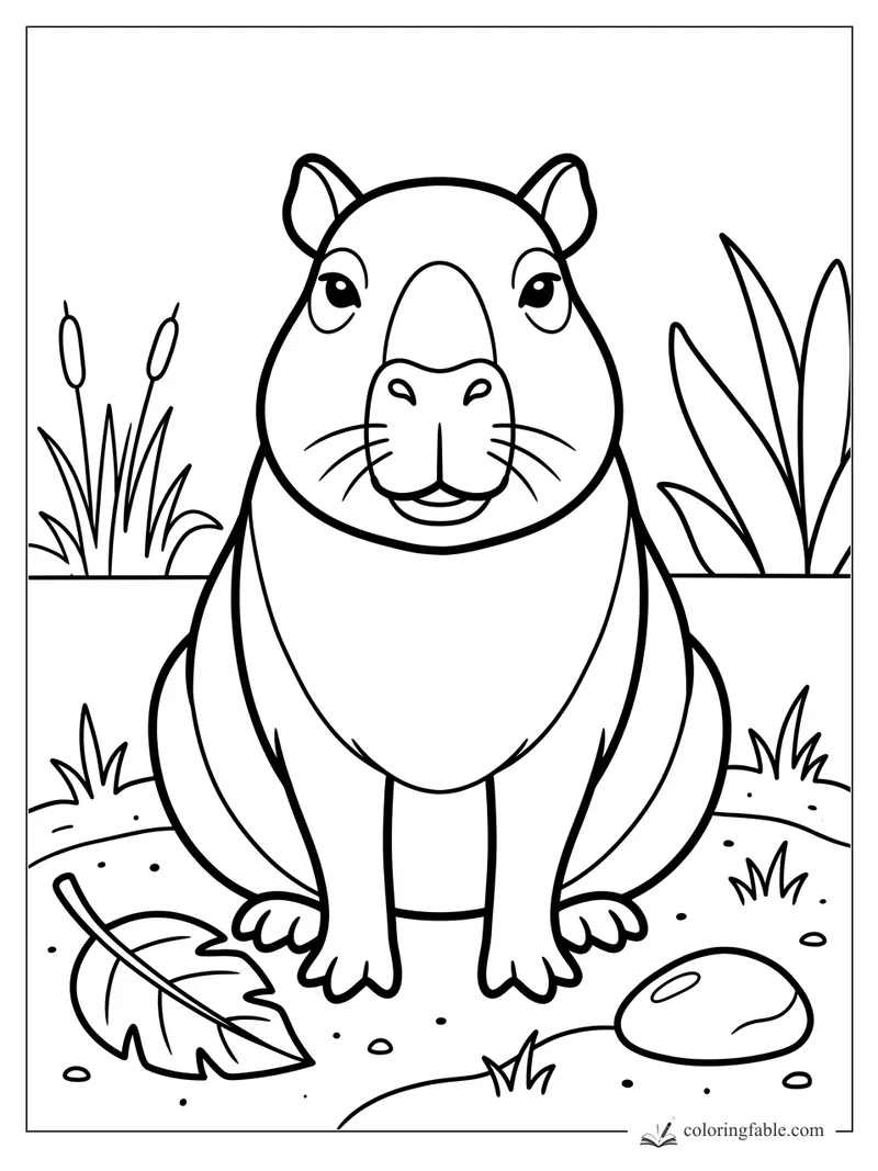 Bold easy coloring page of a smiling capybara sitting by cattails, leafy plants, a fallen leaf, and a rock.