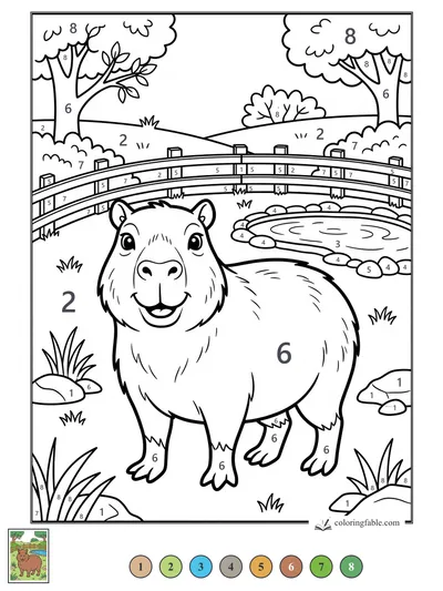 Smiling Capybara by the Garden Bridge — color by number