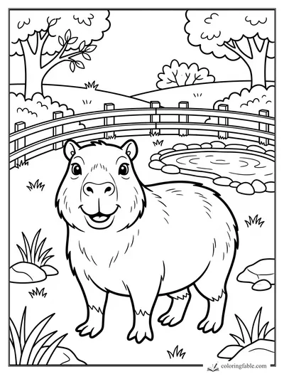 Easy capybara coloring page with a smiling capybara, arched bridge, pond, trees, rocks, and grass.